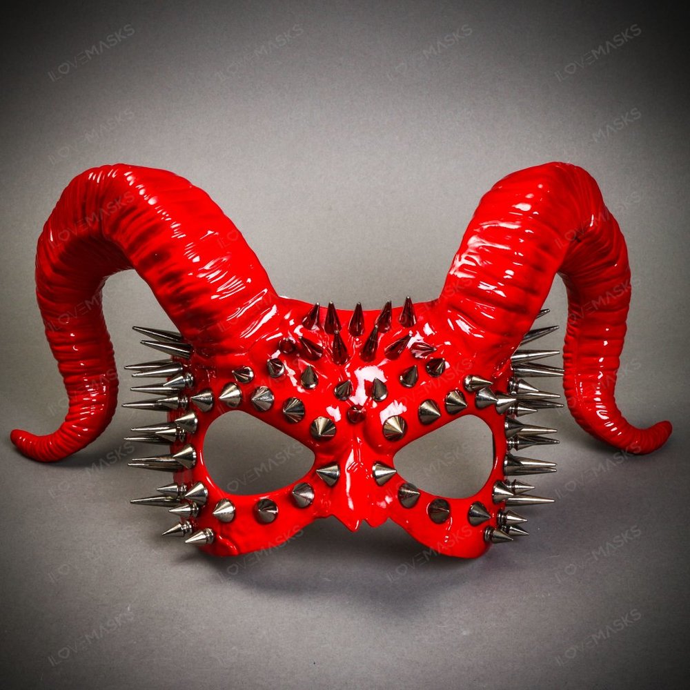 Demon Steampunk Spikes Devil with Back Twisted Horns Masquerade Eye Mask RED